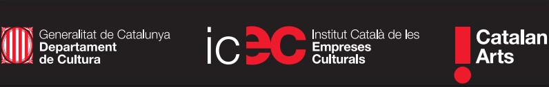 Logotips del Departament de Cultura de la Generalitat de Catalunya, de l’Institut Català de les Empreses Culturals (ICEC) i de Catalan Arts, sobre fons negre.